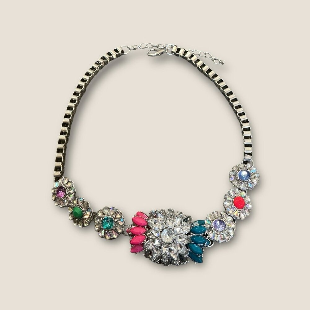 Large Silver Tone Multicolored Rhinestone Bold Floral Statement Necklace - Picture 2 of 4
